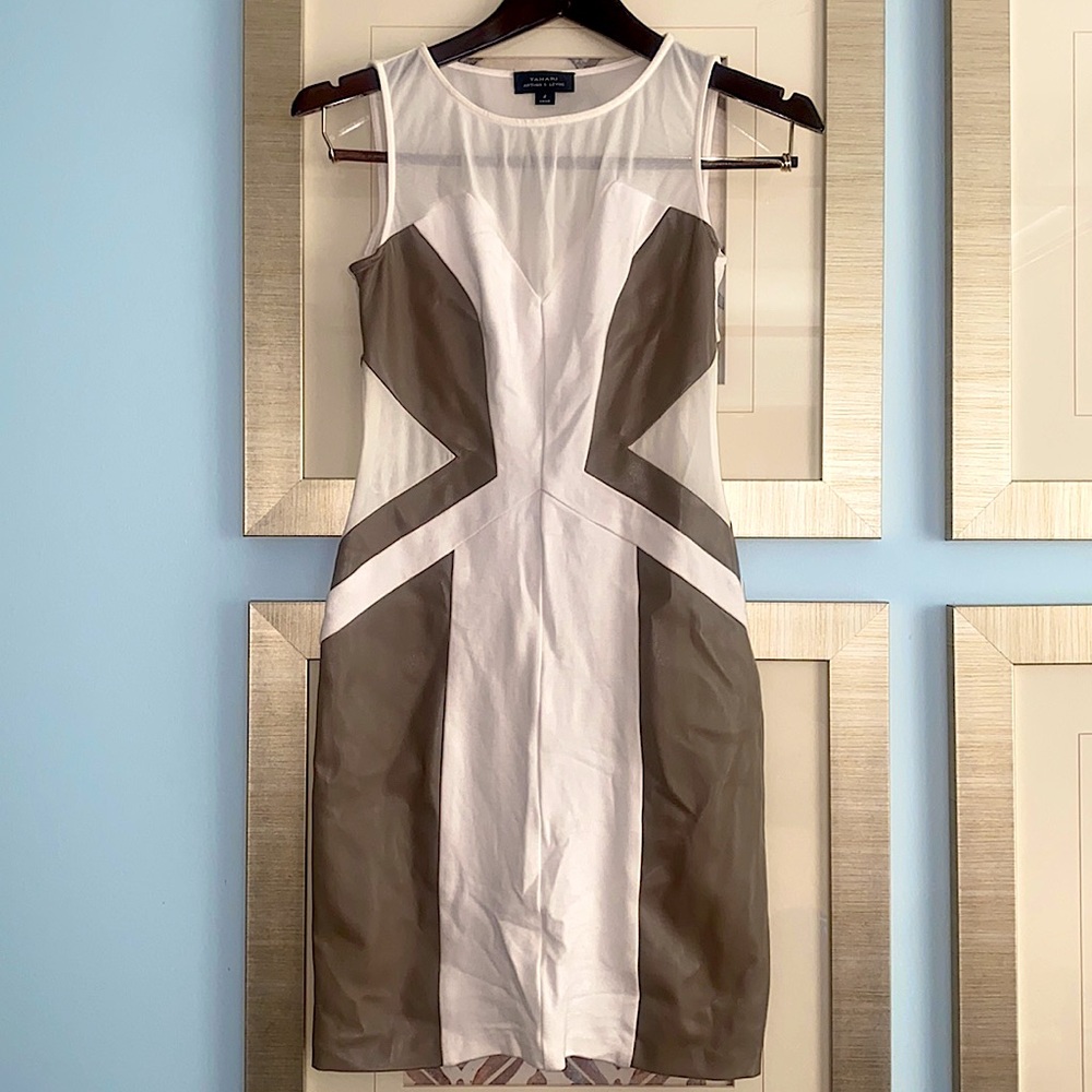 Taupe Tahari Mesh cutout dress